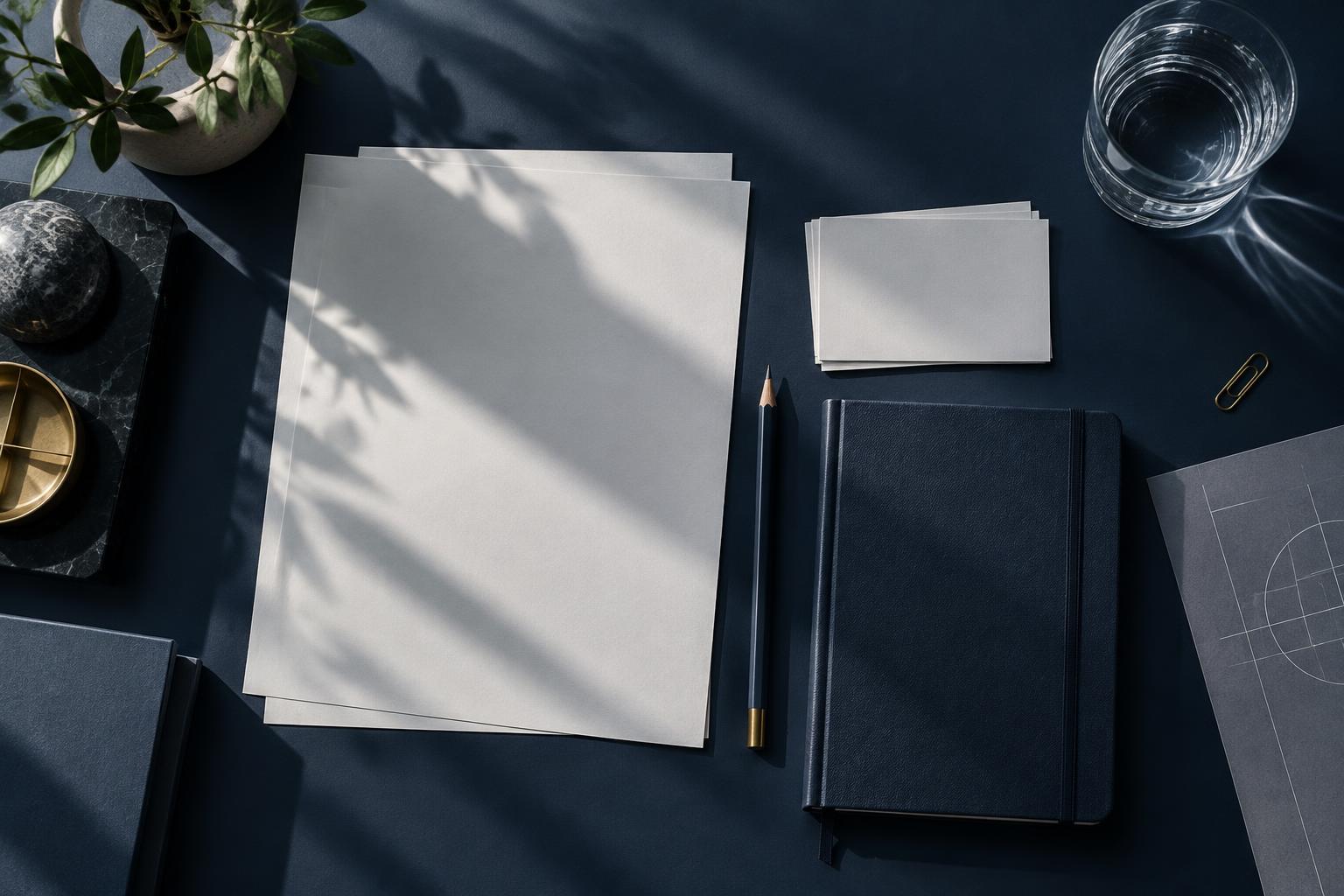 Illustrative image of an analyst's desk with blank papers and a notebook